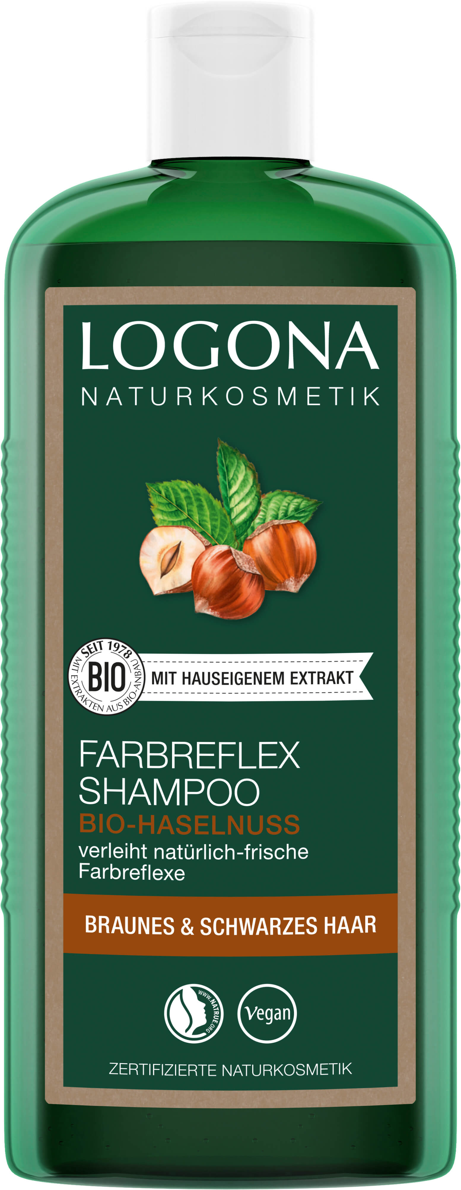 Braun-Schwarz Farbreflex Bio-Haselnuss | LOGONA Naturkosmetik Shampoo