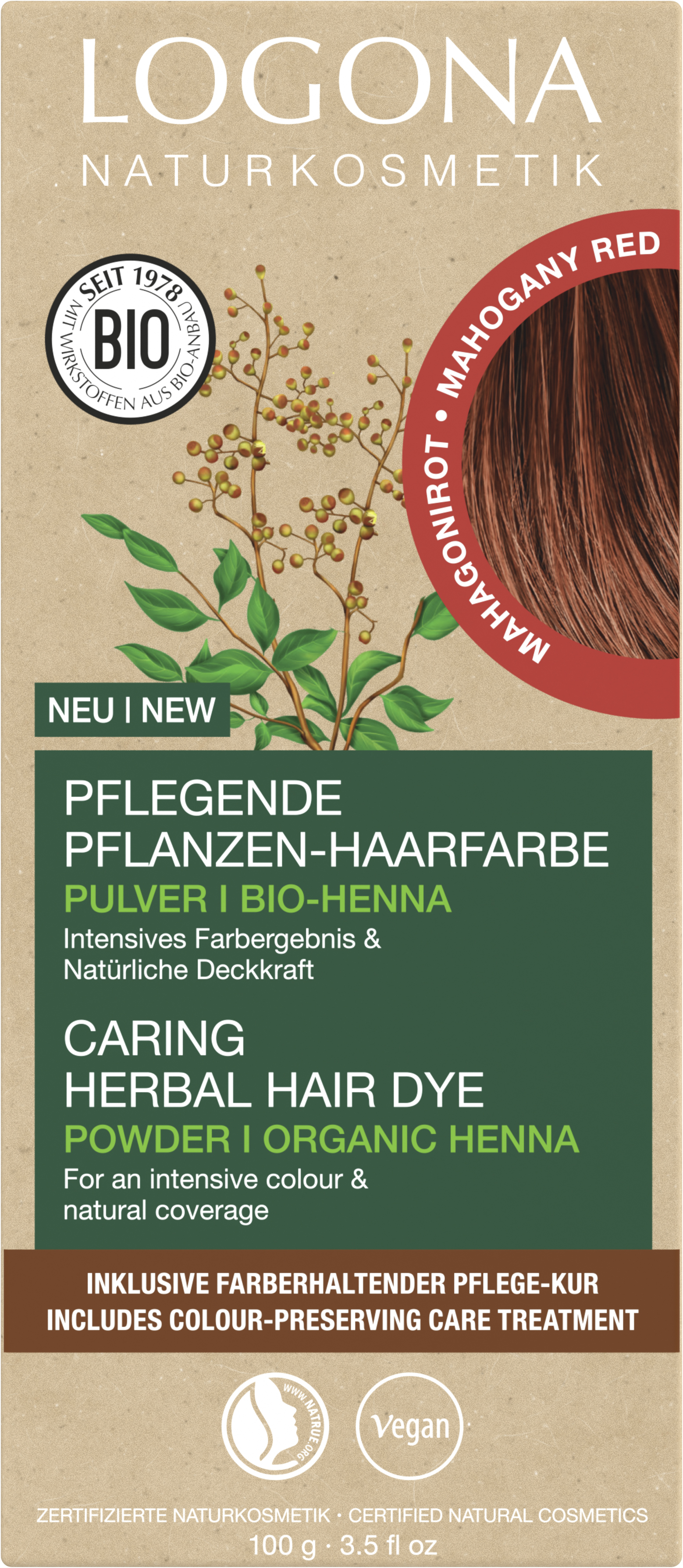 MAHAGONIROT Pulver | Pflanzen-Haarfarbe Naturkosmetik LOGONA
